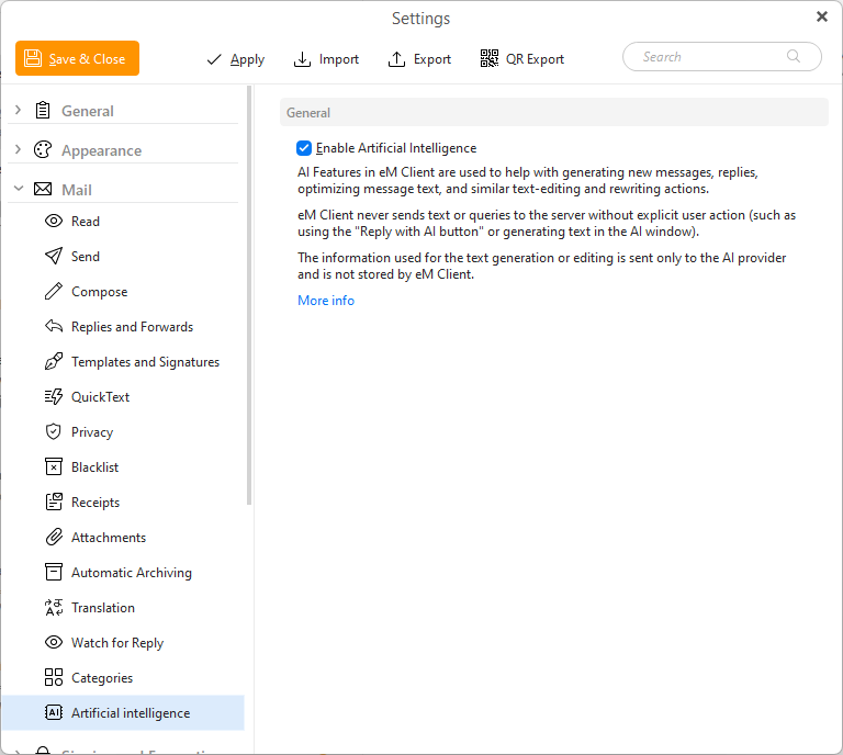 eM Client: Configuraciones de inteligencia artificial